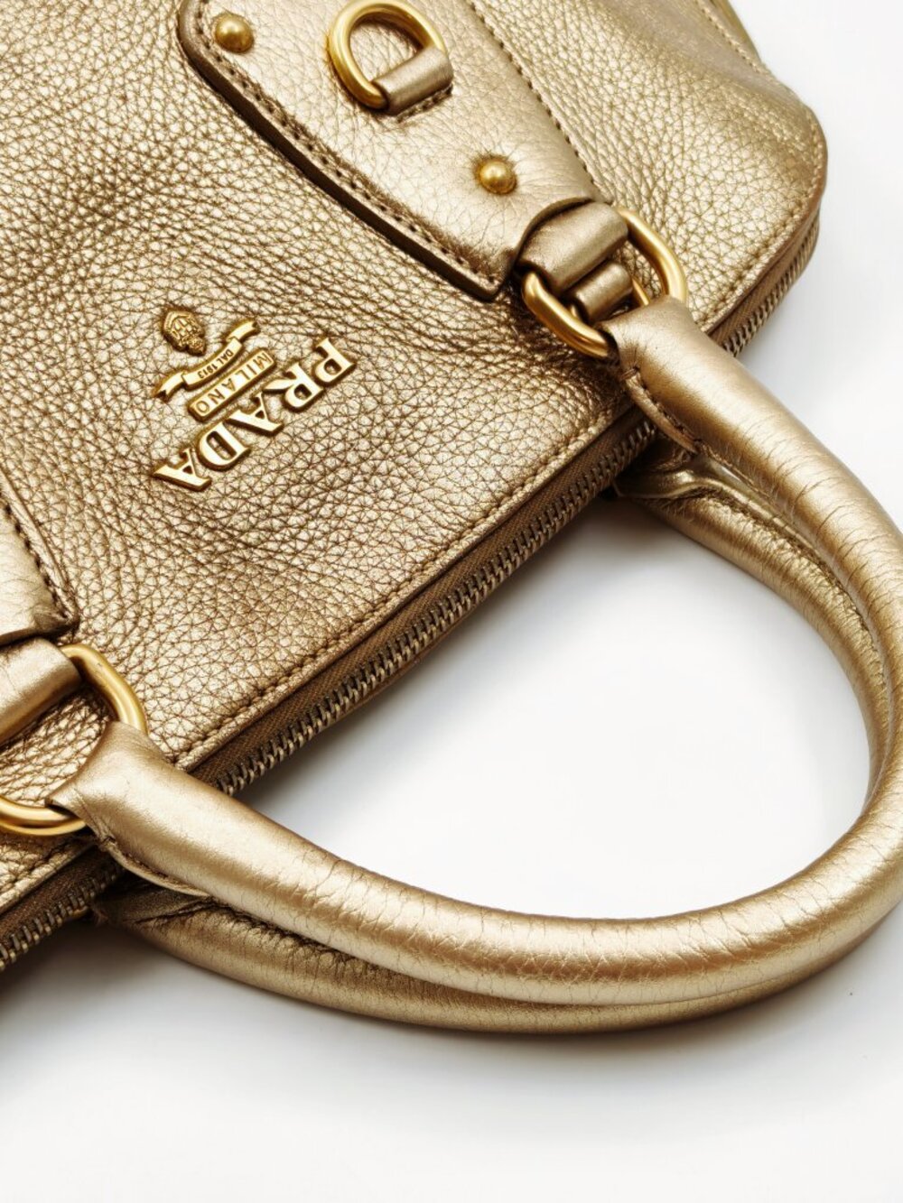 Prada Vitello Daino Metallic Gold Pebbled Leather Satchel Bag - Picture 8 of 13